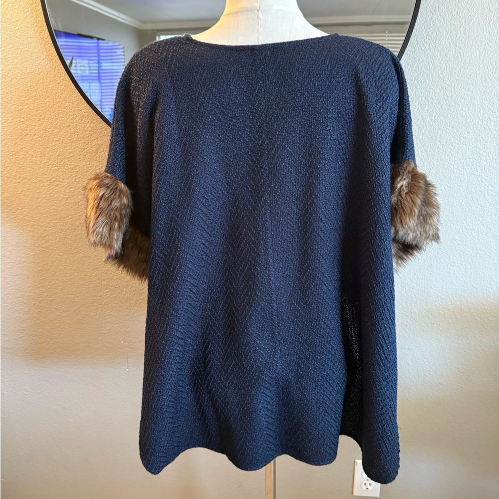 Tashon Navy Textured Poncho w/ Faux Fur Trim One Size